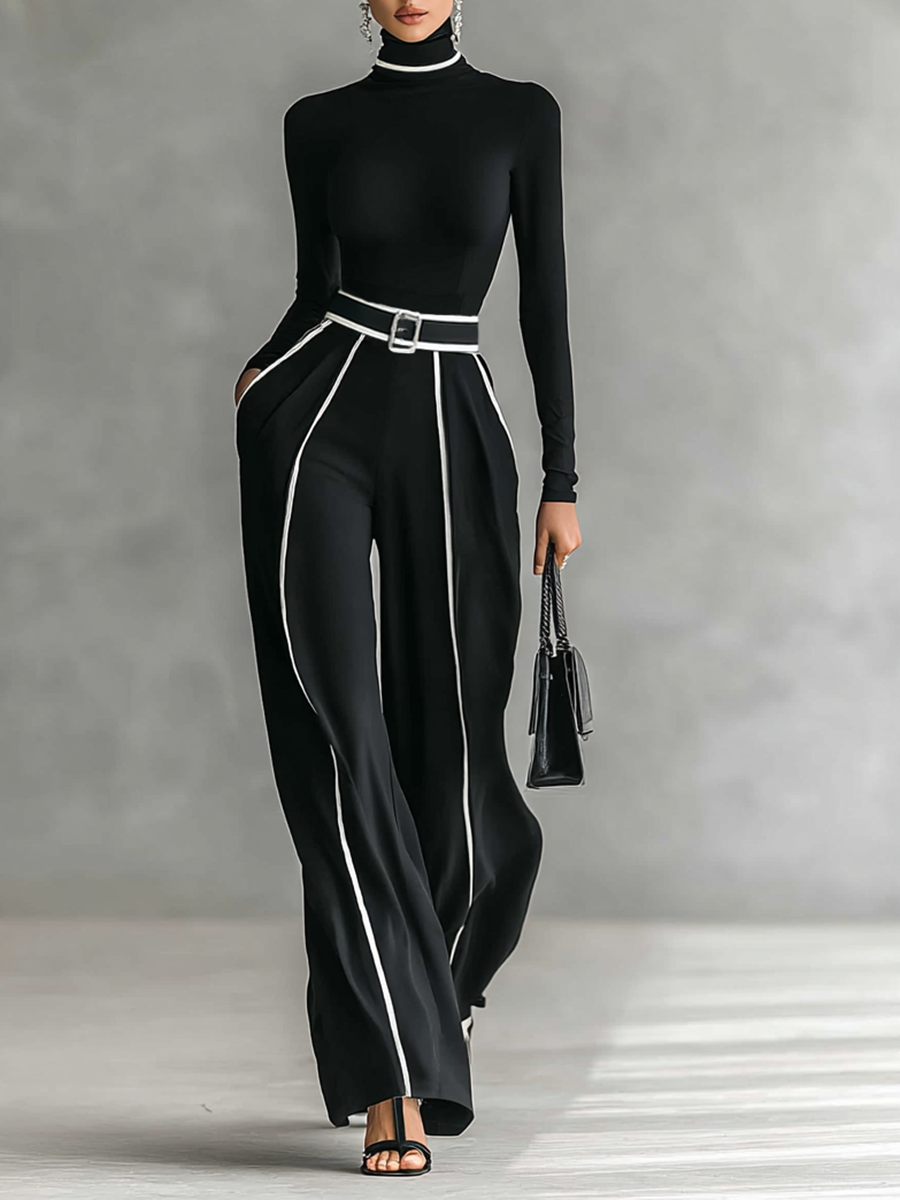 Elena | Zweiteiliges Set – Rollkragenpullover & Hose mit Gürtel