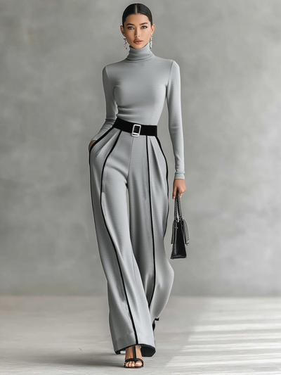 Elena | Zweiteiliges Set – Rollkragenpullover & Hose mit Gürtel