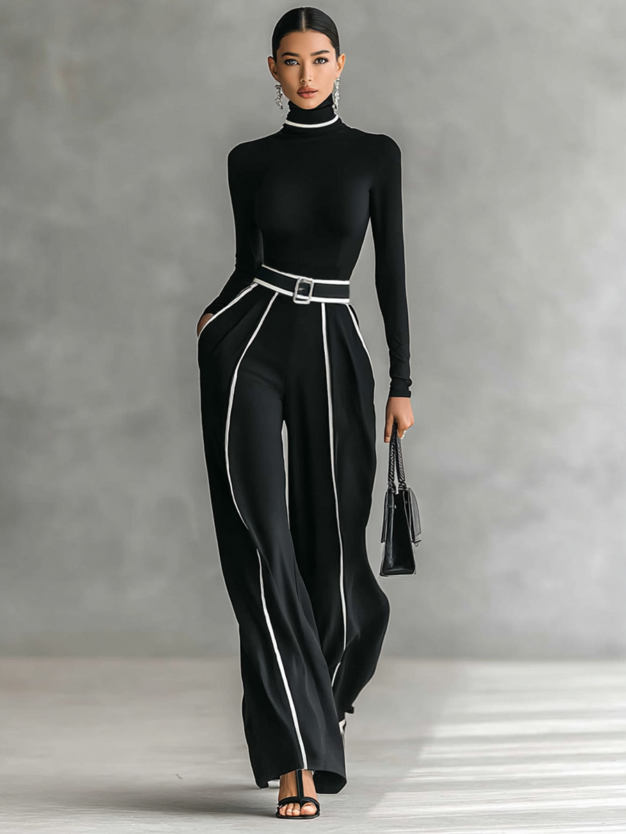 Elena | Zweiteiliges Set – Rollkragenpullover & Hose mit Gürtel