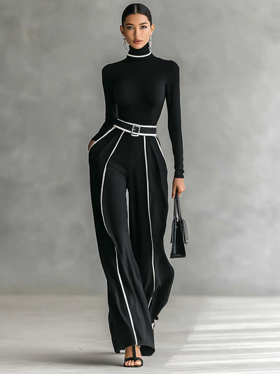 Elena | Zweiteiliges Set – Rollkragenpullover & Hose mit Gürtel