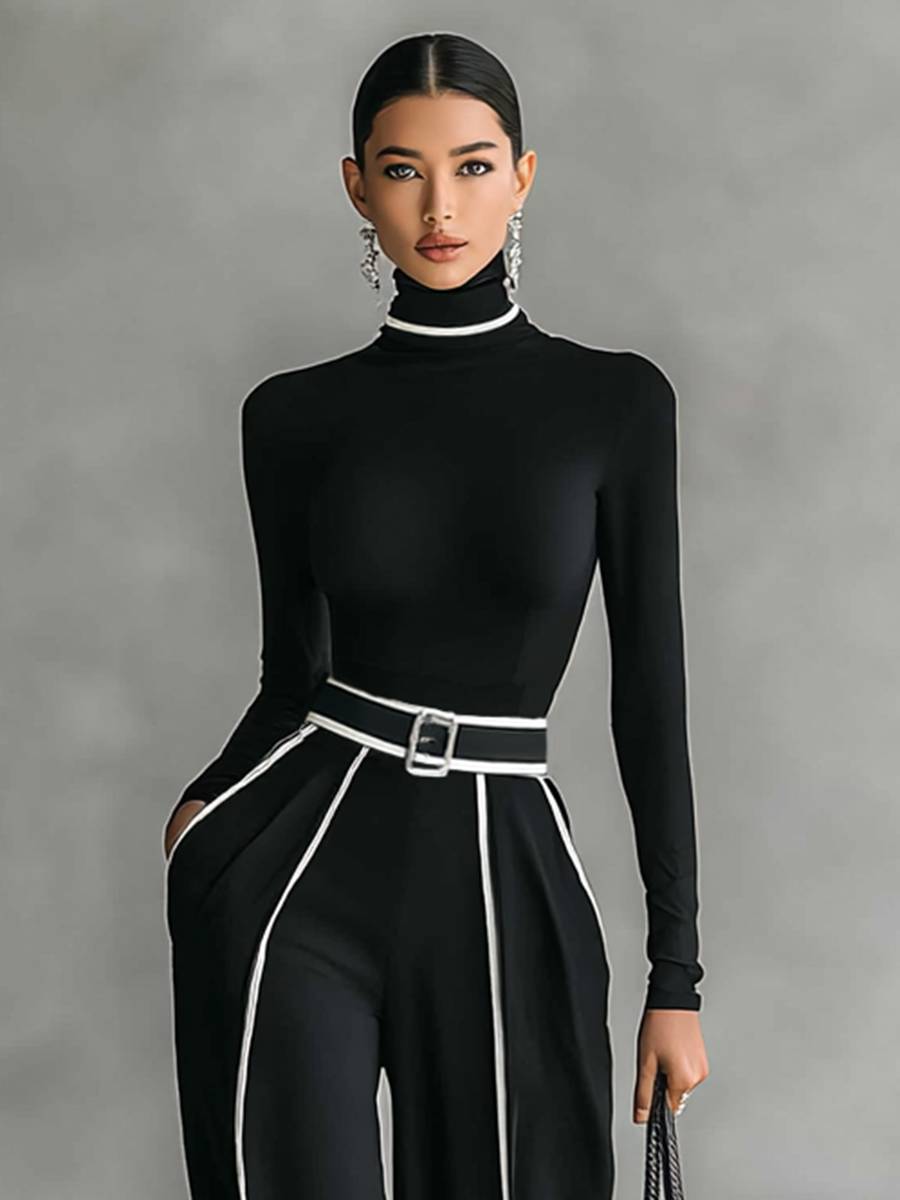 Elena | Zweiteiliges Set – Rollkragenpullover & Hose mit Gürtel